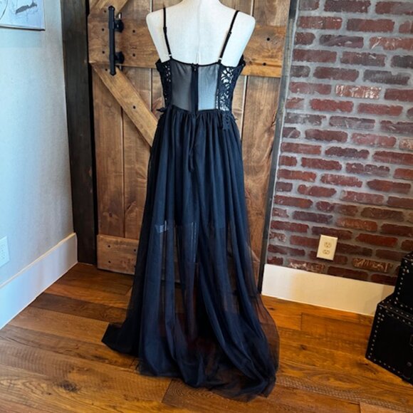 Black Lace Bustier Maxi Whimsigoth Prom Dress Sheer Overlay – Size Large NWT - Picture 2 of 9